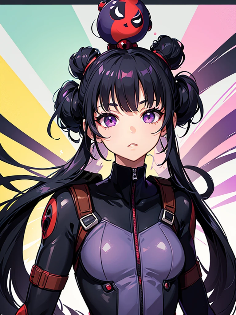 Girl with funny hair, black hair, very light skin, purple eyes, elongated eyes, delgado, Height of 1,58, drawing style of my hero academy with deadpool suit