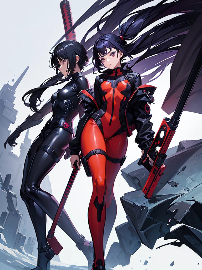 Girl with funny hair, black hair, very light skin, purple eyes, elongated eyes, delgado, Height of 1,58, drawing style of my hero academy with deadpool suit
