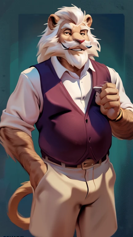 by chunie by catsudon by retros, male,ridiculuous,((mature,mature male)),((Bearded,mustache)),dad bod, felid, solo, Lion,(white hair), facial hair, facing viewer,((full body shot)),((highly detailed face)), (((Grandpa Figure))), ((smilling)), red and orange spiral background, white shirt,short pants smile, ((((wise)))),