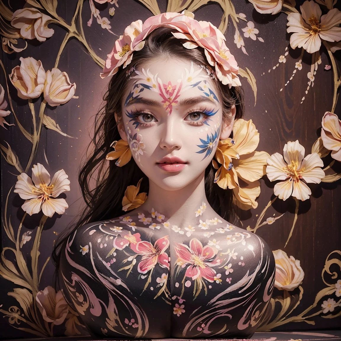 NSFW, (masterpiece, best quality), ultra detailed, high resolution, 16k, the most beautiful face in the world, perfect face, delicate facial features, highly detailed beautiful face and eyes, shiny skin, highly detailed background, elaborately designed, fine cloth texture, BREAK, gorgeous and stunning age princess, perfect make-up, eyeshadow, lash extensions, rouge, deeply in love, full of elegance, (floral pattern face paint:1.7), solo, (full body:1.8)