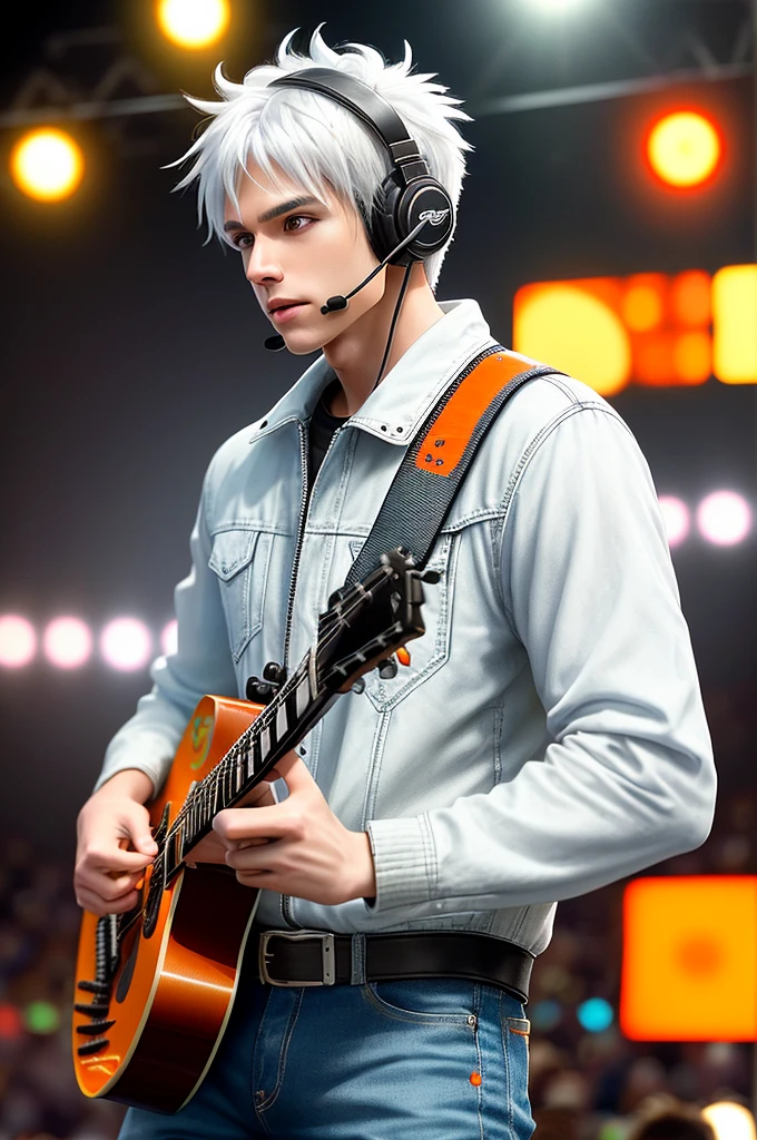 preschool male,ride a motorcycle,Guitar Hold,with headset,sing,The lights on the stage are colorful.,white hair,Orange and loose clothing,Jeans,Masterpiece,movie effects Detailed details,official 4k,Depth of field effect,depth of field,The foreground is blurry.,blurred background,Middle bust,cyberpunk style