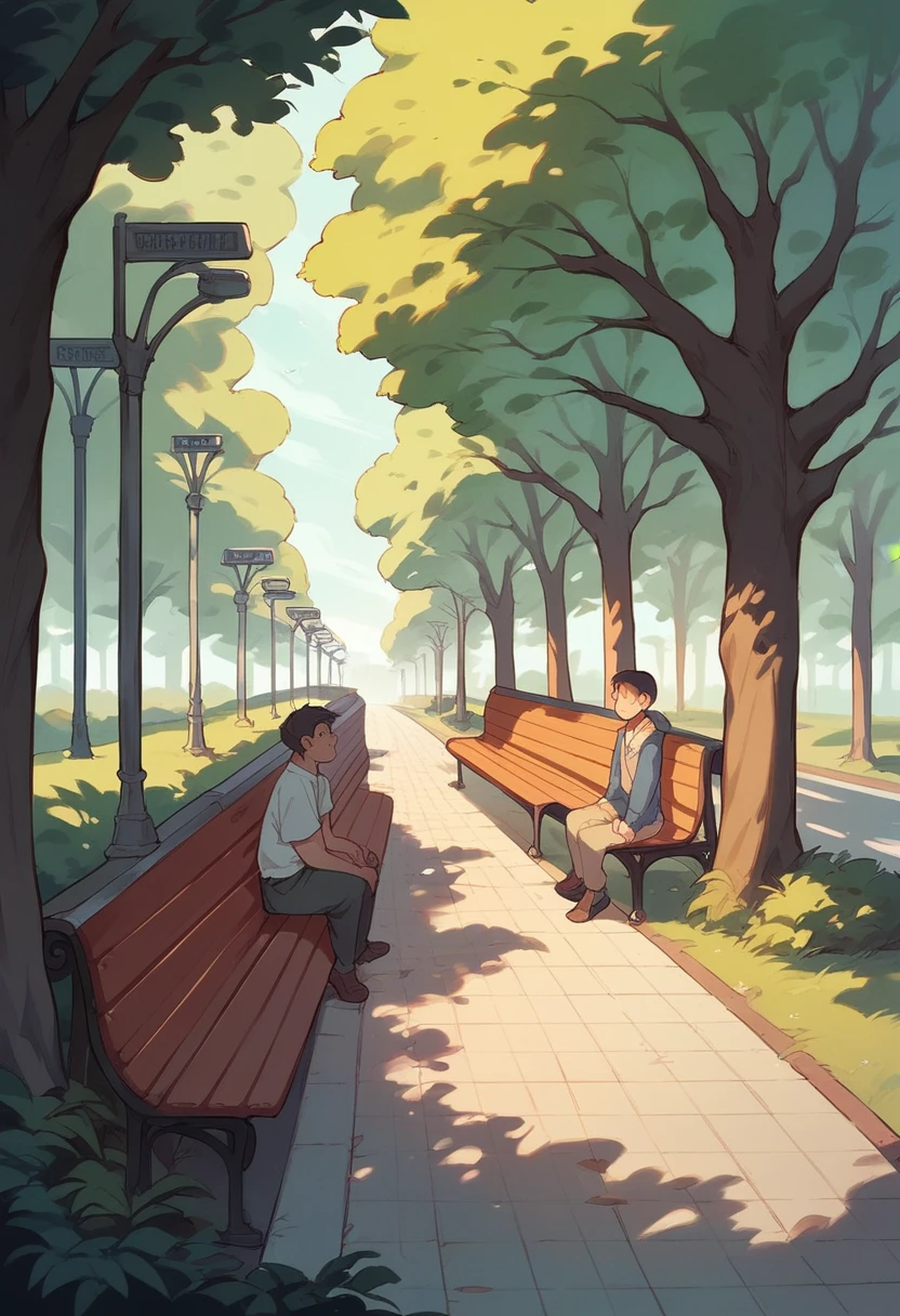 A park in front of a train station at dusk, with benches, trees, People walking and sitting on benches, with the train station visible in the background.