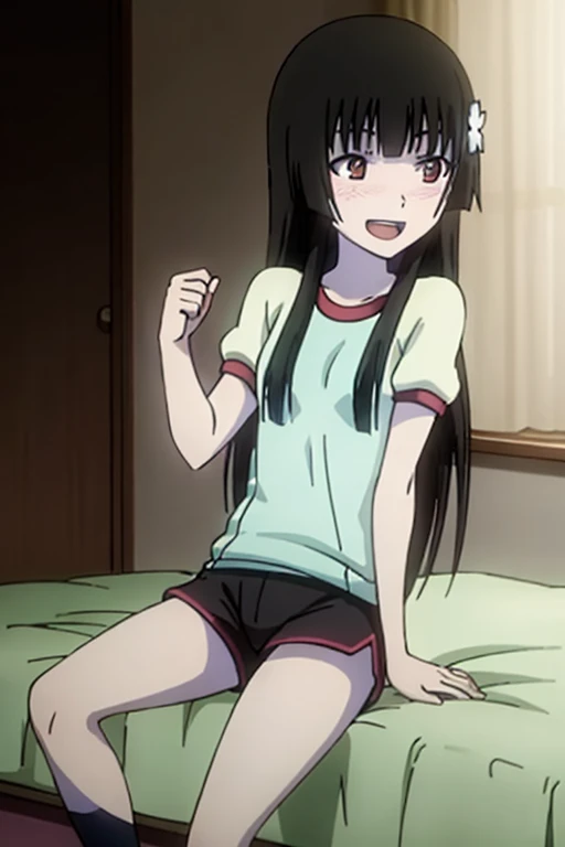 ((Highest quality)), ((masterpiece)), (be familiar with), Perfect Face, indoor, Bedroom, Watching the audience,
One woman, Sanka Reiya,
Open Mouth, Ecstatic expression, blush, smile,
Small breasts, Flat Chest, Young Girl, , , Girl,
Long Hair, Long Hair,
Gym suit, White short sleeves, Black shorts, Leg spread,