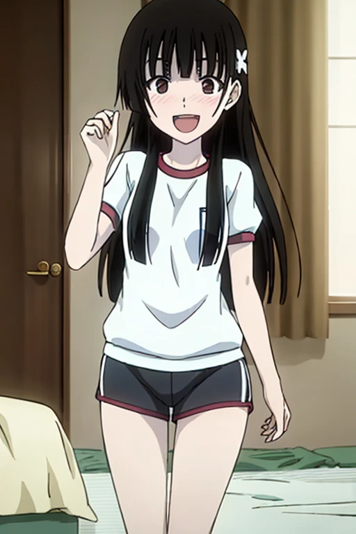 ((Highest quality)), ((masterpiece)), (be familiar with), Perfect Face, indoor, Bedroom, Watching the audience,
One woman, Sanka Reiya,
Open Mouth, Ecstatic expression, blush, smile,
Small breasts, Flat Chest, Young Girl, , , Girl,
Long Hair, Long Hair,
Gym suit, White short sleeves, Black shorts, Leg spread,