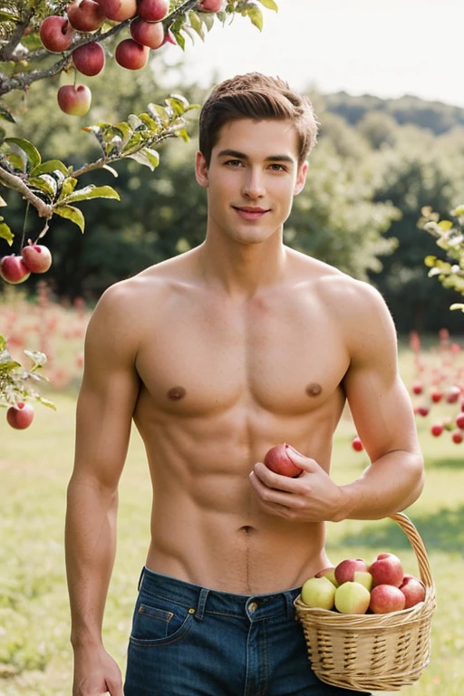 Young handsome cute white skinny beautiful face without shirt in an apple garden holding a basket and eating an apple