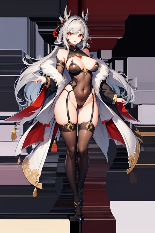 High resolution, detail, 高いdetail, Shortcuts, Gray Hair, Grey Hair, Silver Hair, Exposed breasts、Open your mouth, Red eyes, accessories, Illustration, Anime Style, girl、Body、
