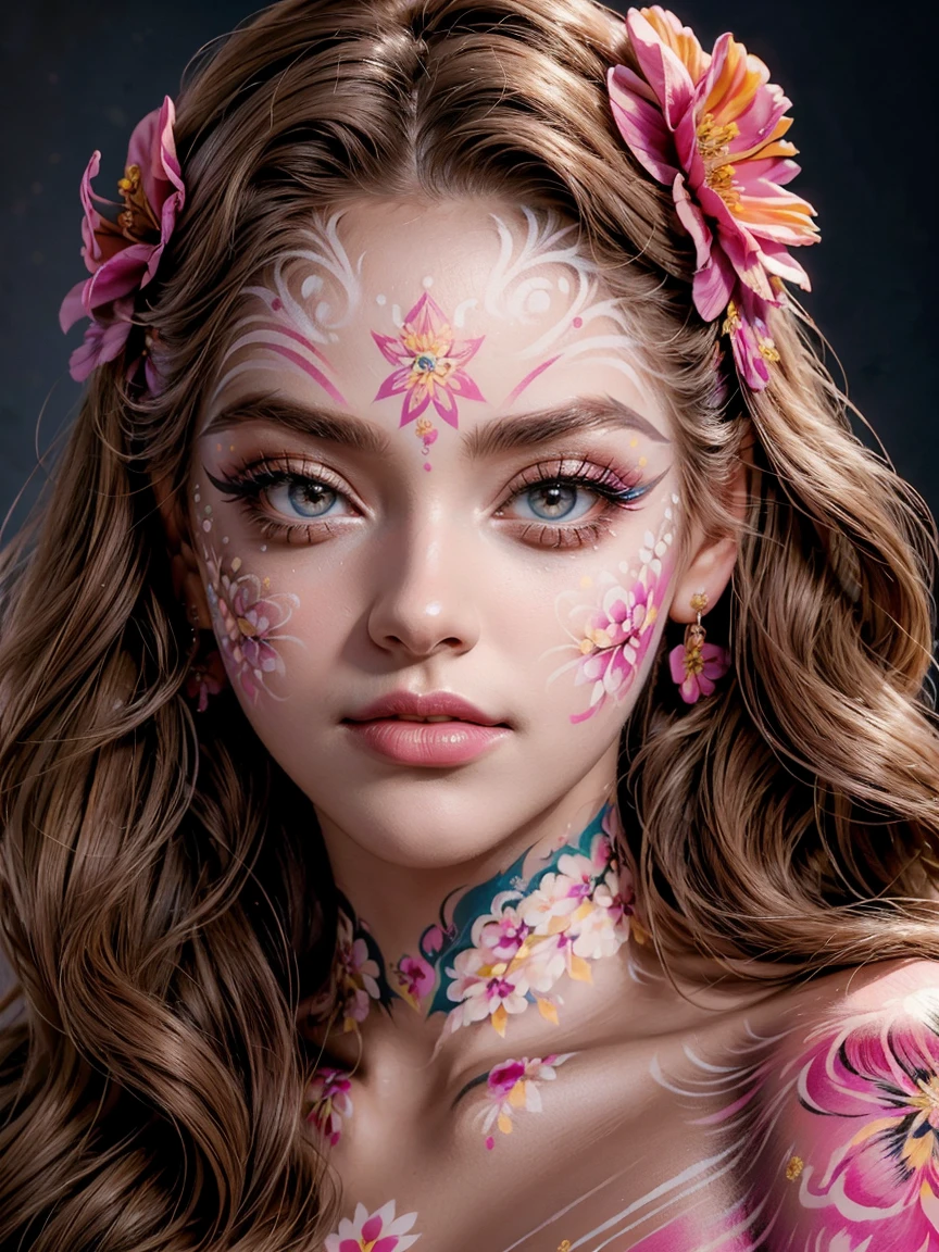 (masterpiece, best quality), ultra detailed, high resolution, 16k, the most beautiful face in the world, perfect face, delicate facial features, highly detailed beautiful face and eyes, shiny skin, highly detailed background, elaborately designed, fine cloth texture, BREAK, gorgeous and stunning age princess in gorgeous and luxurious princess dress, perfect make-up, eyeshadow, lash extensions, rouge, deeply in love, full of elegance, (floral pattern face paint:1.6)