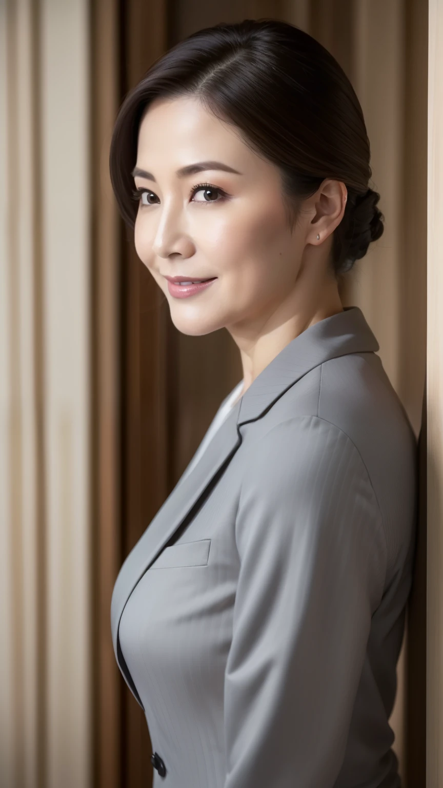 a beautiful detailed face of a 45 year old japanese mature woman, beautiful detailed lips with lip gloss, sensual expression, large breasts, large hips,standing outside, ((viewed from the side)), (best quality,8k,masterpiece:1.2),ultra-detailed,(realistic,photorealistic,photo-realistic:1.37),intricate details,stunning full body portrait,dramatic lighting,cinematic,elegant, ((Hotel Bedroom)), seen from side, back of head、((Gray business suit))、((Nape)), smile