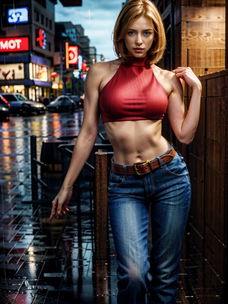 Blue Mary cosplay, best qualityer, (Beauthfull), girl face 20 years old, beautiful face, Masterpiece artwork, red cropped, red blouse, jeans with brown belt, Physics-based rendering, ultra highres, narrow waisted, Scrawny, eyes large, Legs long, (breasts small), Swollen Eyes, natta, (rainy city), shining skin , facing at viewer, firm expression, realisitic, Woman, sexly,