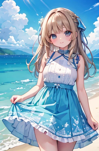 masterpiece、background((Sea side、Sandy Beach))、15-year-old student、Beautiful girl、Huge 、Very intricate embroidery on the dress、Skirt、