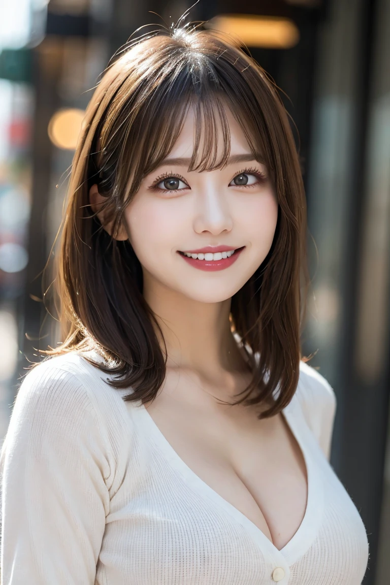 オシャレなカフェ Casual attire, Highest quality, shape, Very detailed, In detail, High resolution, 8k wallpaper, Perfect dynamic composition, Beautiful details, Natural Lip, Casual attire, Big Breasts, Cleavage, She is smiling.., A masterpiece of the whole body, Side Short