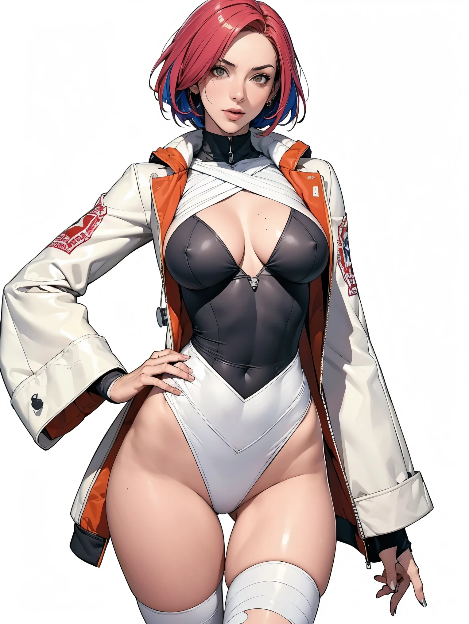 (((Annie Lennox))), (((colorful suit))), (scars), (((bandaged arms))), (((colorful clothes))) (( hood)), (((best quality: 1.4))), (Unbeatable masterpiece), (hyper HD),(CG 8k hyper-realistic), beautiful face, (((breasts big))), (((hyper feminine))), sexly girl, black tattoo,（ultra short red hair with white highlights)), ((( sculptural body ))), (((1 Kizi))), Kizi tatuada de 25 anos com perfect body,,Beautiful and well-groomed face,muscular body:1.2,solid color detailed jacket, (Head to thigh photos)， Complex equipment, ，Tight clothes，With white stars and off-white stripes,,,,,Armor Metal Electronic Parts, Poison tattoos ) INFO, Kizi, (((standing alone))), , 24歳, sexy, pose de attitude, work of art, dancing, ((slight smile)), post-apocalypse, (((manga style))), bounty hunter, the way you want, perfect body, roupa moderna, advanced technology, white, yellow accent, black, red accent, fur collar jacket, sleeves with vertical striped pattern, background city, (( cowboy shot )). intricate visual, narrow waist, (((wide hips))), wide hips, fit thighs, (((thigh gap))), Thigh gap, background shows a futuristic airplane, open expression, expression happy