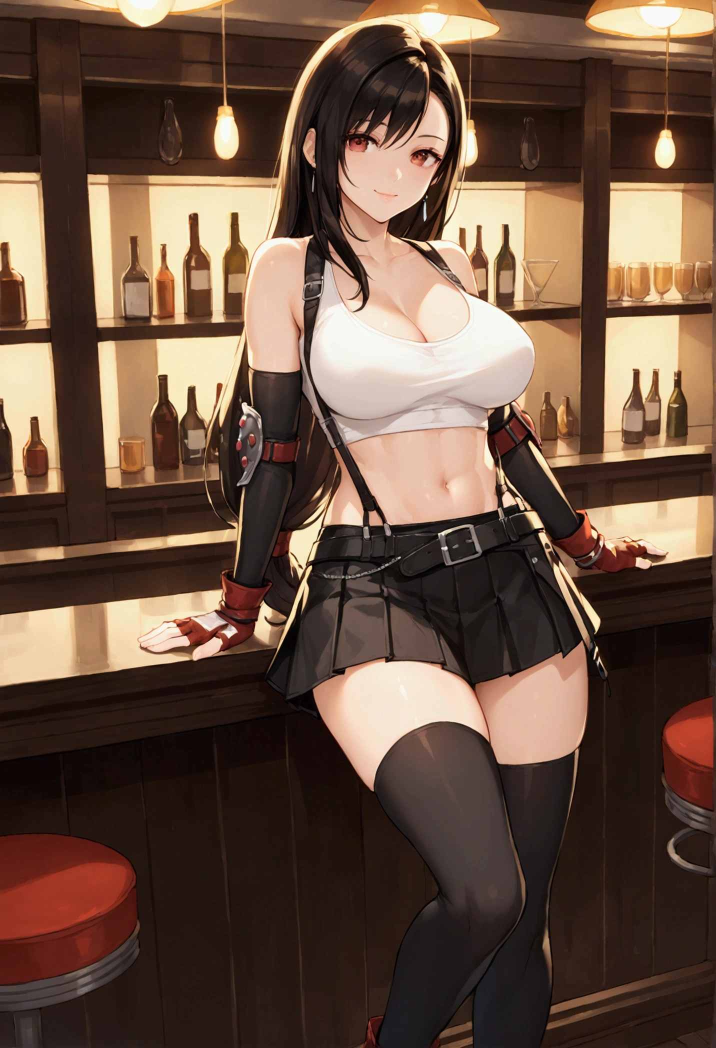 (score_9, score_8_up, score_7_up), BREAK (masterpeace),(best quality),(aesthetic,very aesthetic),(highly detailed),.1girl, tifa lockhart, final fantasy,(beautiful). black hair, low-tied long hair, red eyes, bangs, white tank top,gap, belt, pleated skirt, thighhighs, elbow fingerless gloves, elbow pads, midriff, navel,suspender skirt.zettai ryouiki,(large_breasts:1.3),Solo,upperbody,looking at viewer, vibrant, joyful,cafe and bar,(Emphasize the cleavage),hands on counter,Showcasing cleavage:1.3 ,counter,straight-on,breast focus,from feet,dynamic angle,professional lighting,cinematic lighting
