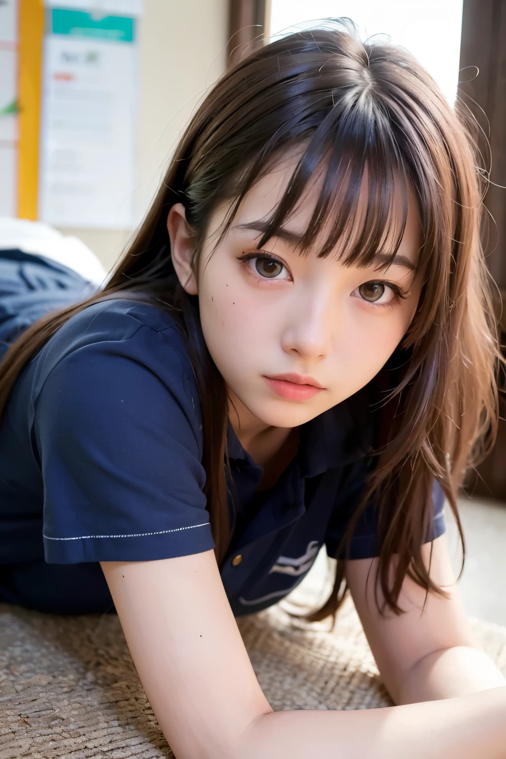 Highest quality, masterpiece, 1 girl, 14~18-year-old, Beautiful Face, Realistic, High resolution,School, Student Uniform,sexy,Lying down