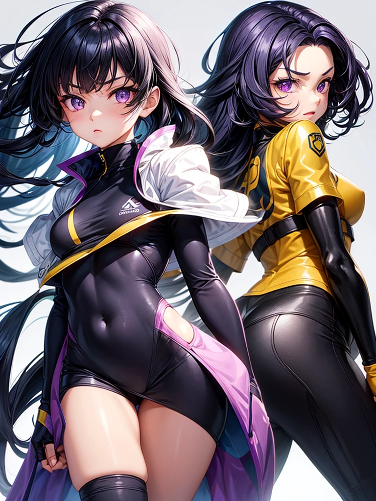 Girl with funny hair, black hair, very light skin, purple eyes, elongated eyes, delgado, Height of 1,58, my hero academy UA sports suit