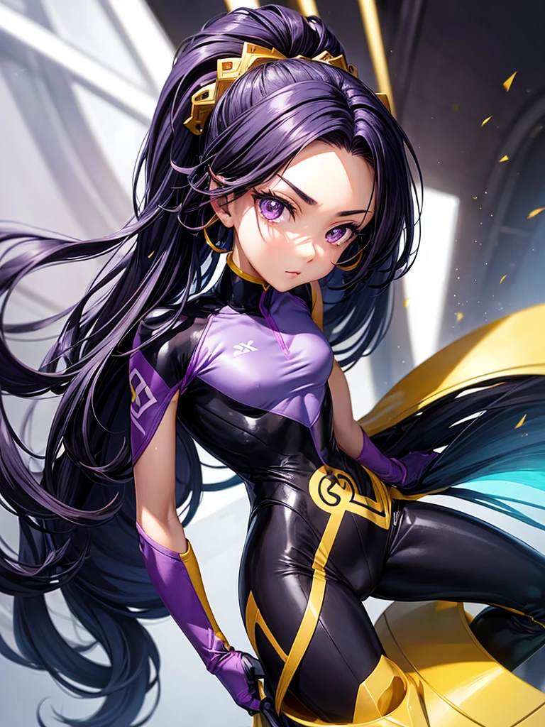 Girl with funny hair, black hair, very light skin, purple eyes, elongated eyes, delgado, Height of 1,58, my hero academy UA sports suit