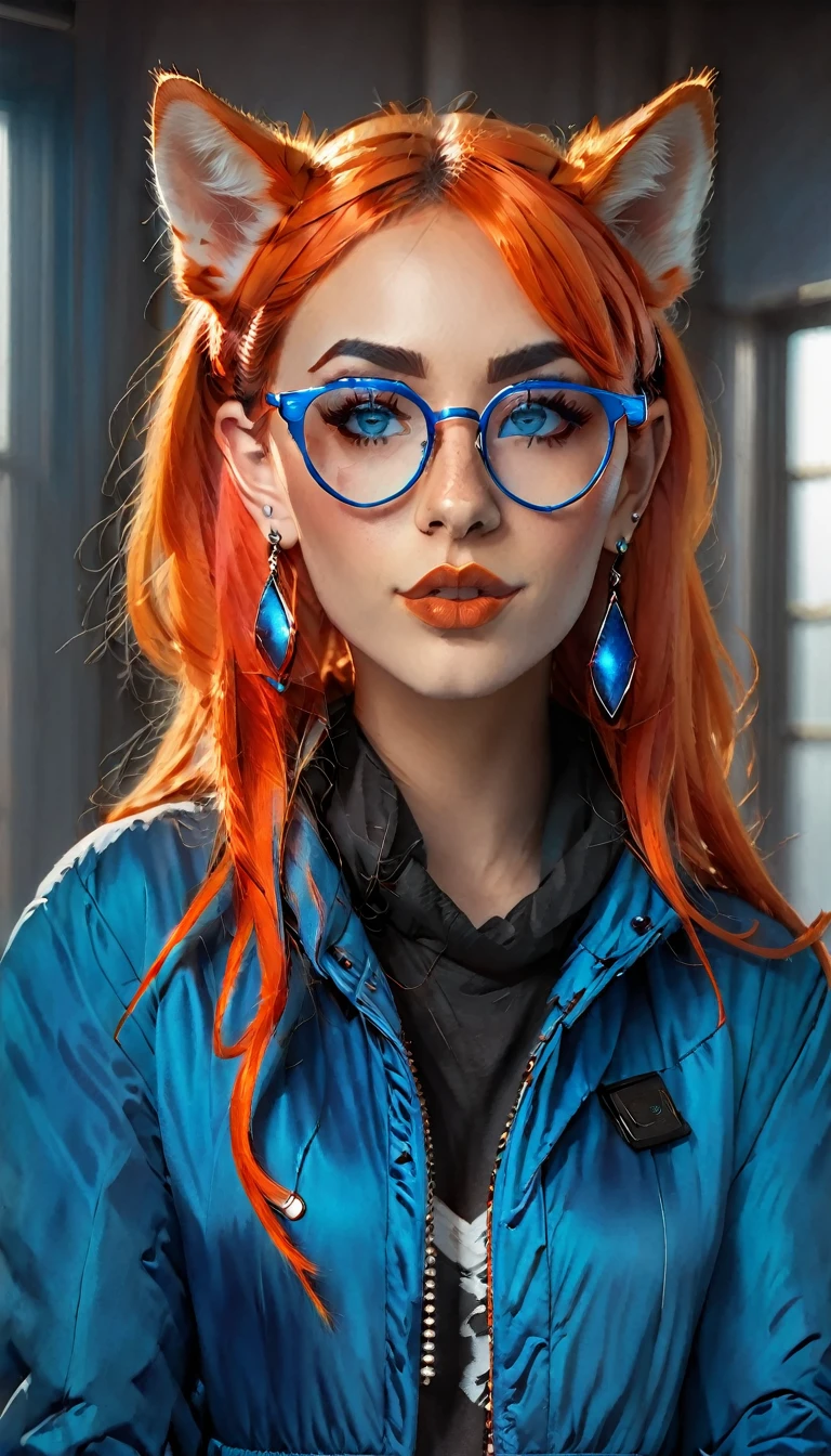 fanart style, makes a woman with bright red and blue hair and bright orange eyes wolf ear with earring and nose ring in the eyebrow and lip a bright blue jacket and glasses with the bottom shining