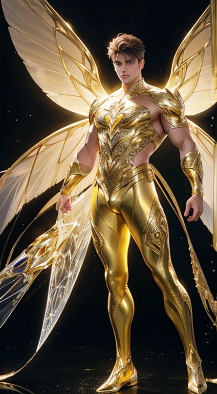 Full body photorealistic handsome hunky masculine Fairy Guardian of lightning, yellow citrine shiny crystal transparent glass spandex and big wide massive sparkling luminous silk wings, glowing white eyes, aesthetic muscular full body, intricate details,soft smooth, beautiful 8k, realistic, glossy.classy, shiny