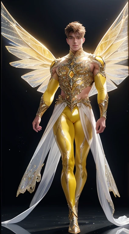 Full body photorealistic handsome hunky masculine Fairy Guardian of lightning, yellow citrine shiny crystal transparent glass spandex and big wide massive sparkling luminous silk wings, glowing white eyes, aesthetic muscular full body, intricate details,soft smooth, beautiful 8k, realistic, glossy.classy, shiny 