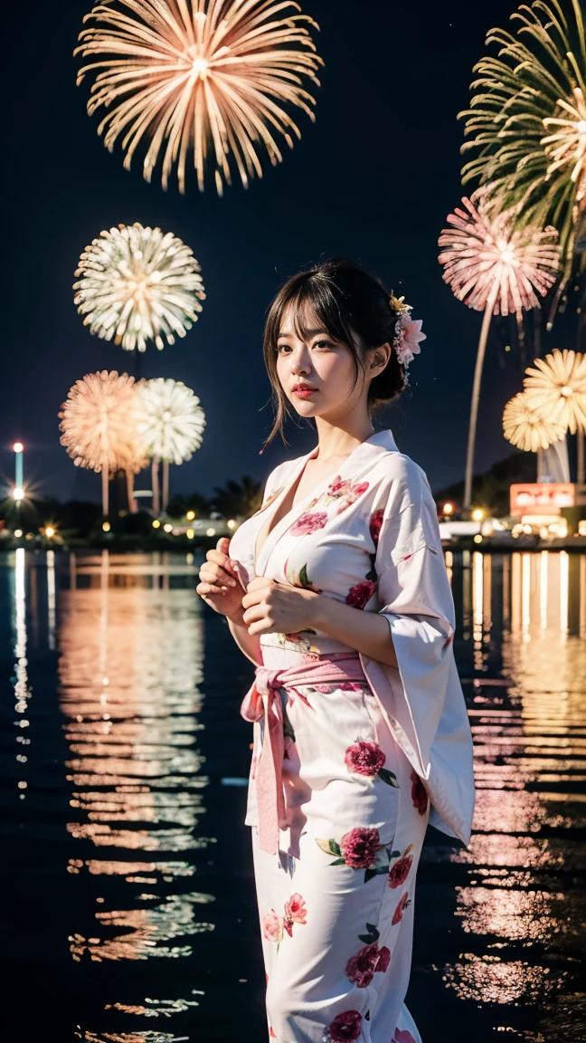 (masterpiece、high resolution、high quality)、Japanese beautiful girl:1.3,18-year-old high school student、Beautiful body、Japanese Yukata、Soaring、night、Laughter、Clear Eyes、Beautiful Skin、Yukata beauty、Hydrangea pattern yukata、Her breasts are exposed from her yukata、Very beautiful mid-chest、Beautiful cherry-colored areola、Erect nipples、Cool Summer、nightの夏祭り、Fireworks display、Professional Photography、