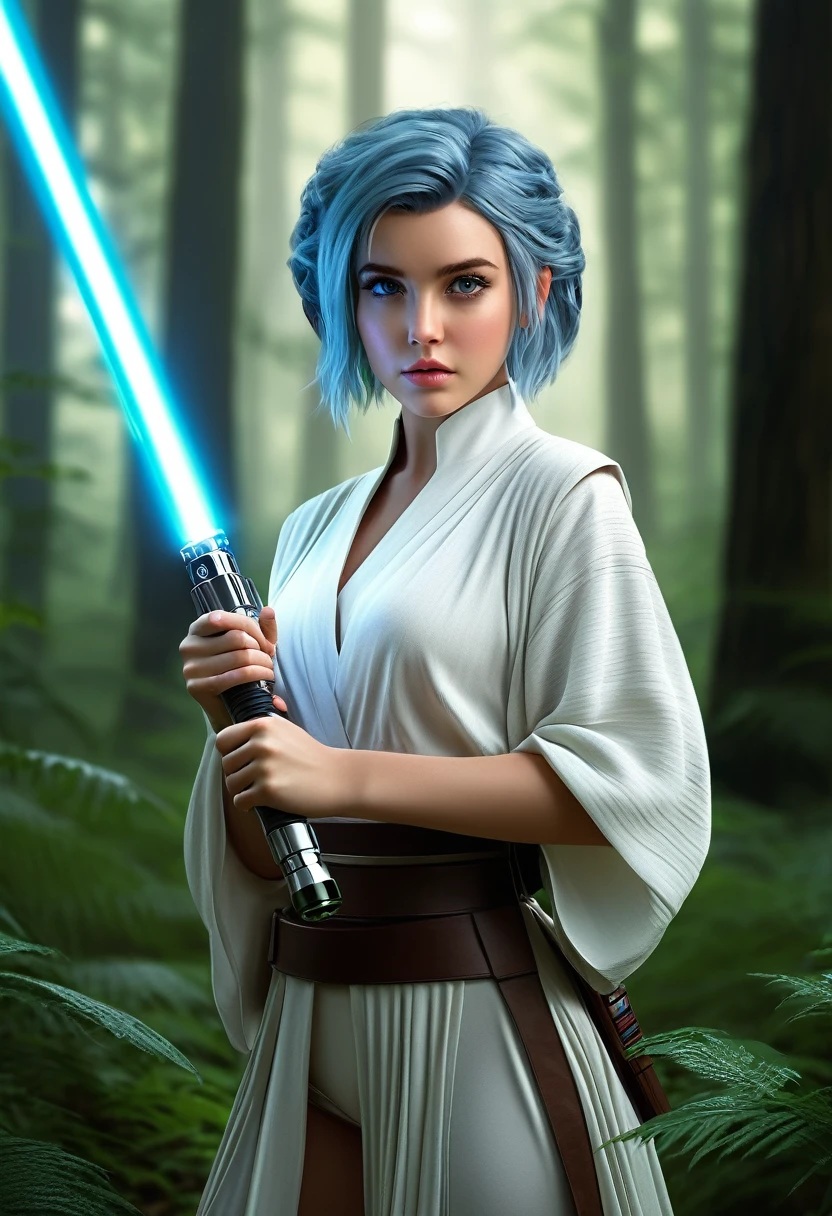 ultra wide angle, in focus, forest background, gorgeous lifelike, dynamic pose, a young lady, (highly detailed face and eyes:1.3), holding green lightsaber in her hand, medium shot, hyper details, lighting art, cinematic, insane details, intricate details, hyperdetailed, jedi com roupas brancas, fractal, dark shot, big , full body, jedi (Star wars), white clothes, short hair, blue hair