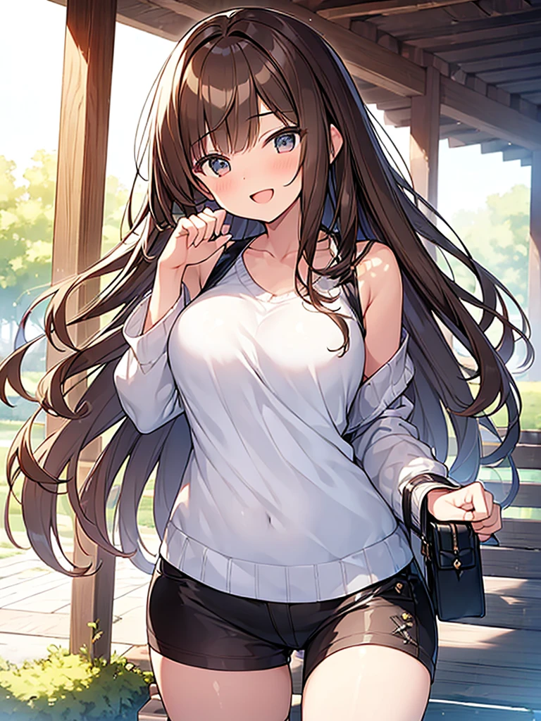 (Masterpiece, Top quality: 1.5), (1 girl, solo), large breasts, standard weight, (brown hair:1.3), (airy hair, wavy hair), long hair ,asymmetry bangs, swept bangs, 16 year old, smile:1.1, happy:1.1, flustered:1.3, (dynamic angle:1.3), (Various pose:1.3), magnificent panorama view, open mouth, summer:1.2, __items__ __items__ __items__, casual fashion with many gorgeous and colorful decorations, Various Situations:1.2