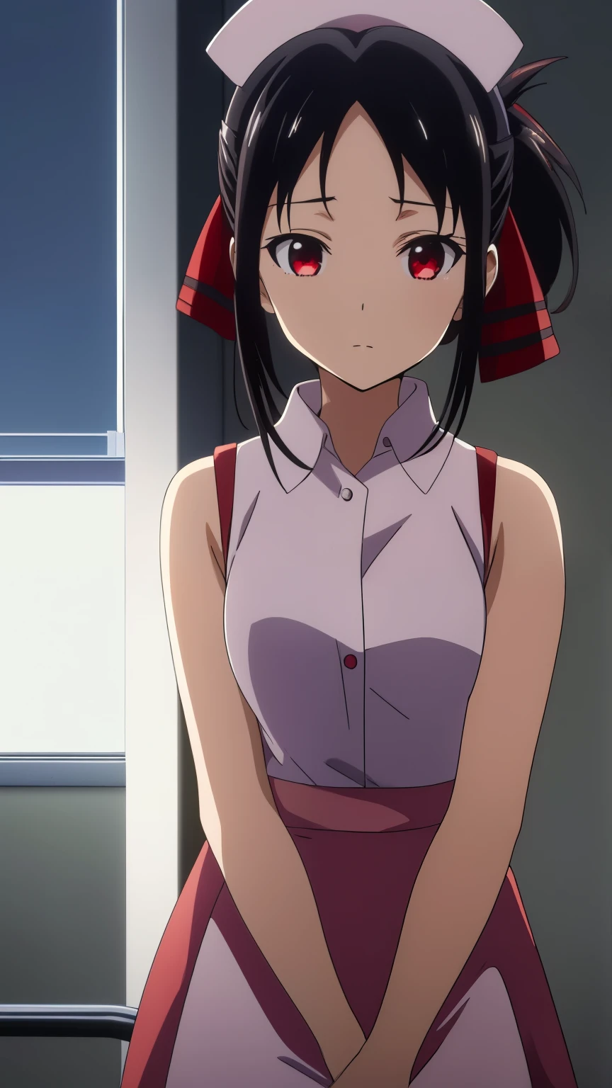 (best quality, masterpiece, 8k:1.2), (anime:1.2), detailed, Shinomiya Kaguya,1girl, solo, (black hair:1.2), side Lock, red eyes, short hair, folded ponytail, red hair ribbon, eye light, small medium breasts, (Nurse uniform, nurse hat, sleeveless, short skirt, Hospital rooms, medical beds), 
Definition CG Unity, Perfect lit, bright_front_face_lit,Super detailed, photograph, 8K, nffsw, High resolution, (absurd:1.2), kodak portrait 400, film grain, Lens flare, (lively_color:1.2), looking at the viewer, (cowboy shot:1.2), dynamic angle, 