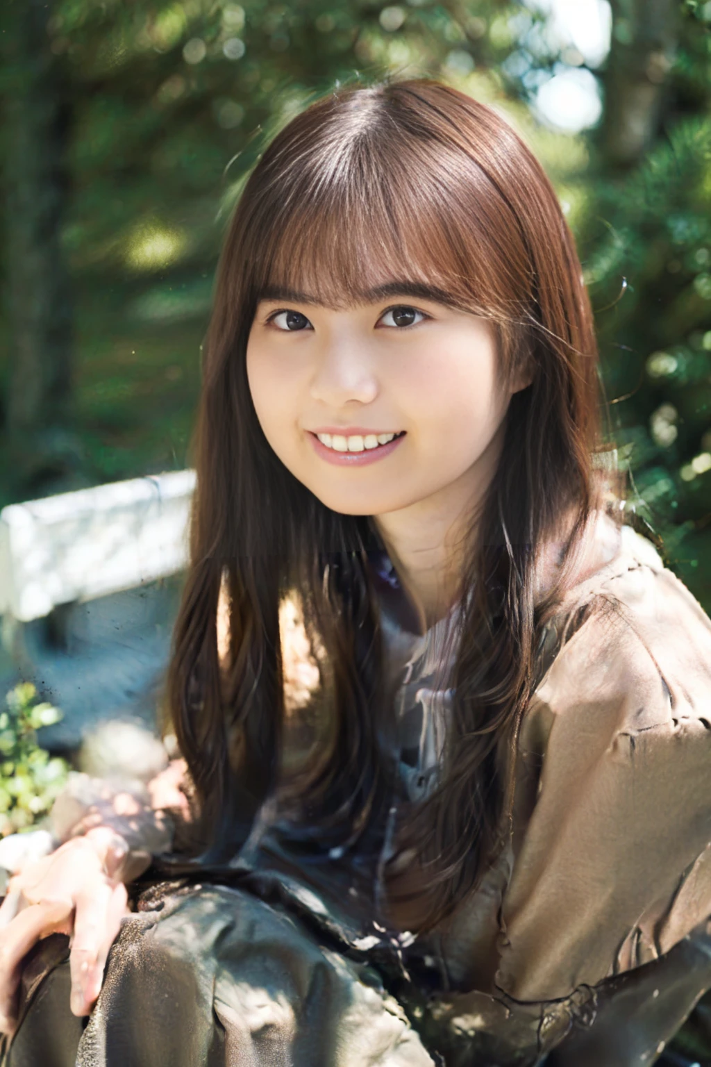 ((masterpiece)), ((Highest quality)), ((Very detailed)), ((Japanese Girl)), ((One Girl)), ((alone)), ((E Cup)), ((Big Breasts)), ((Full body image)), ((Fluffy hair)), ((blush)), ((Brown eyes)), ((fierce and beautiful)), ((With a girl)), ((Slope)), ((View your viewers)), ((smile)), ((alone)), ((Beautiful lighting)), In town, Hide your chest, forest林, forest, wood, nature