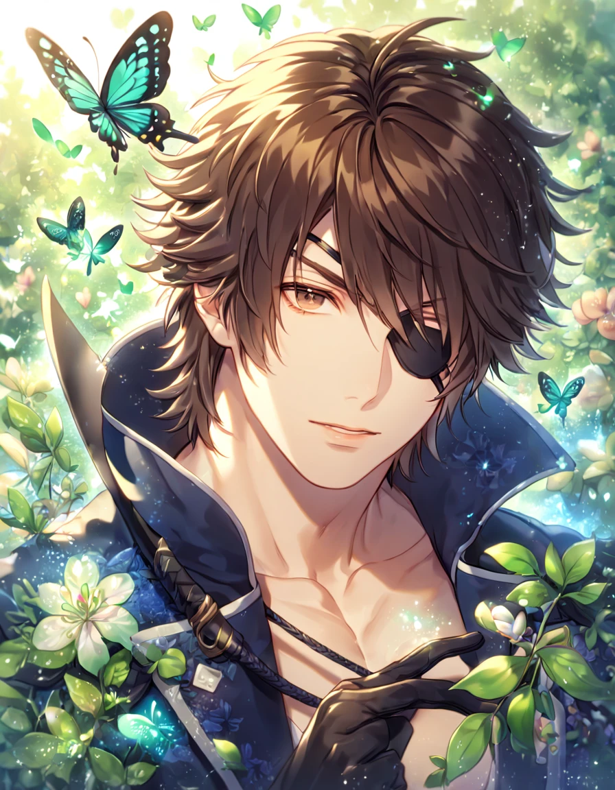 absurdres, highres, ultra detailed, HDR, master piece, best quality, extremely detailed face, delicated features, Date Masamune, medium length brown hair, expressive brown eyes, black eye patch, Sengoku Basara, solo, sexy man, handsome, dark blue coat with high collar, black gloves, fantasy, magical, butterflies, summer, green leaves, flowers, water