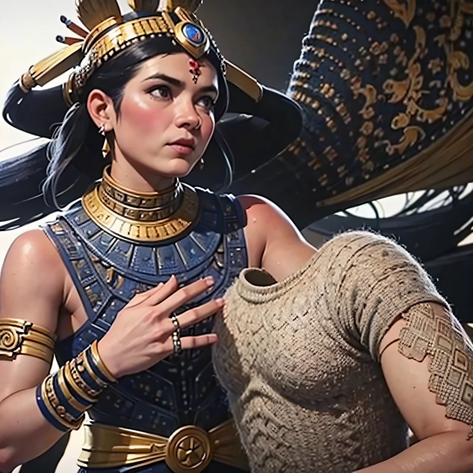 A man in costume、Close-up of man wearing large headdress, Revelation, movie still of aztec cyborg, mayan jaguar warrior, scene from live action , wearing tribal armor, mexican warrior, still from a live action movie, Mohawk, an aztec warrior, an an aztec warrior, an aztec warrior, still from a fantasy movie, Movie screen shot,