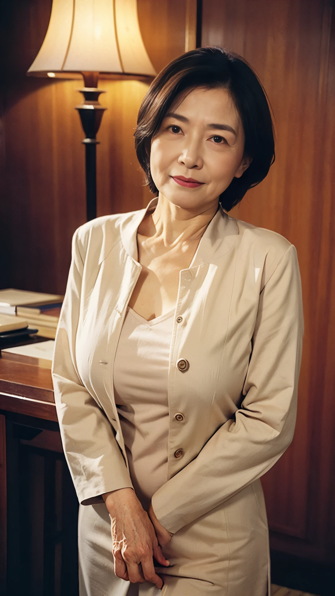 Masterpiece, Depth of written boundary, ((Great focus)), gravure, 32K, Beautiful finish, Japanese, A natural pose, Beautiful mature woman, 90-year-old woman, Member of Parliament, Wearing a parliamentary badge, Photo of your ID, Long face, Big Breasts, Accentuate your breasts, Red lips, Thin lips, business suit, cool, Light from the front,