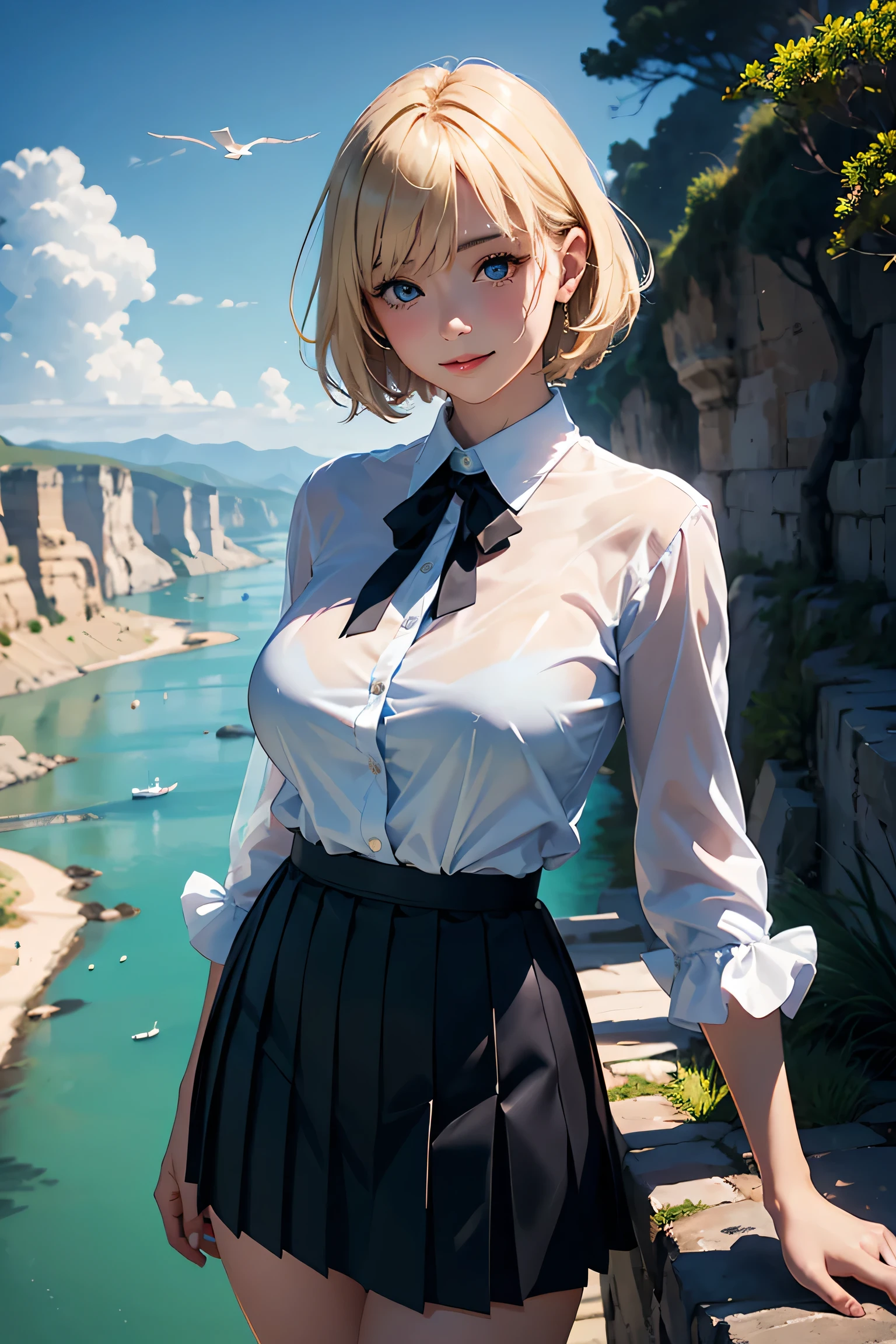 (masterpiece:1.2, Highest quality), (Realistic photos), Beautiful illustrations, (Natural side lighting, Cinema lighting),High detail、1 girl, Japanese、20-year-old female, Perfect Face, Symmetrical cute face, Glowing Skin, (Blonde、short hair), Dark blue eyes, (Huge breasts:1.2), Slender build, Flowing bangs、Beautiful Hair, Beautiful Face, Fine and beautiful eyes, Beautiful body, Beautiful breasts, (White collared shirt、Small black ribbon、Navy blue pleated skirt),smile、Blushing、stand、whole body、On a sheer cliff、White Bird、White cloud、canyon、river