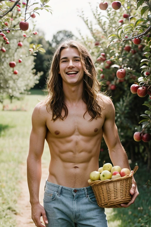 Young handsome cute white skinny beautiful face shirtless hair laughing in an apple garden with a basket and eating an apple