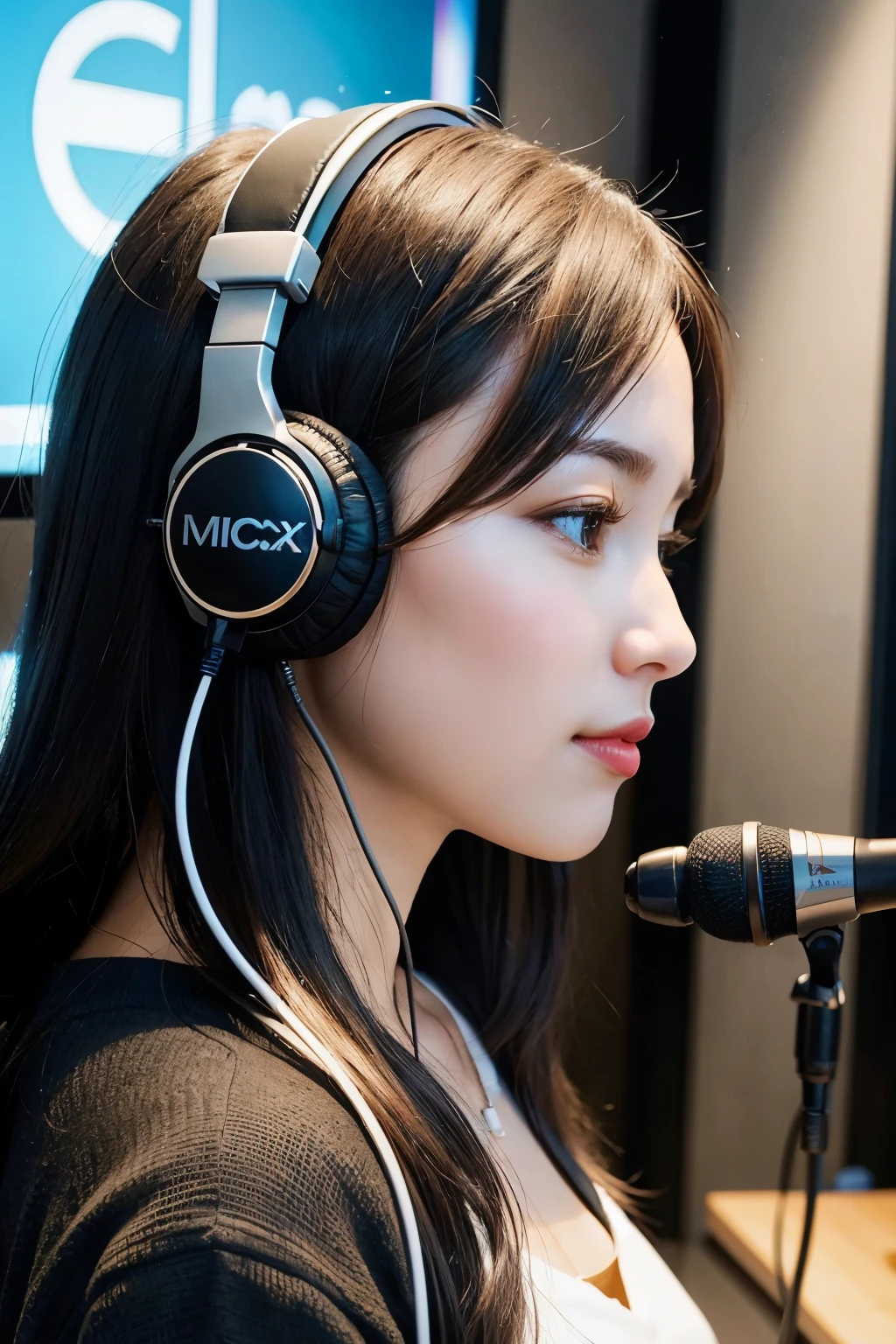 Create front and profile images of a Podcast presenter, In your recording studio, with your professional microphone and headphones. Create the same image looking straight ahead, and to the side.