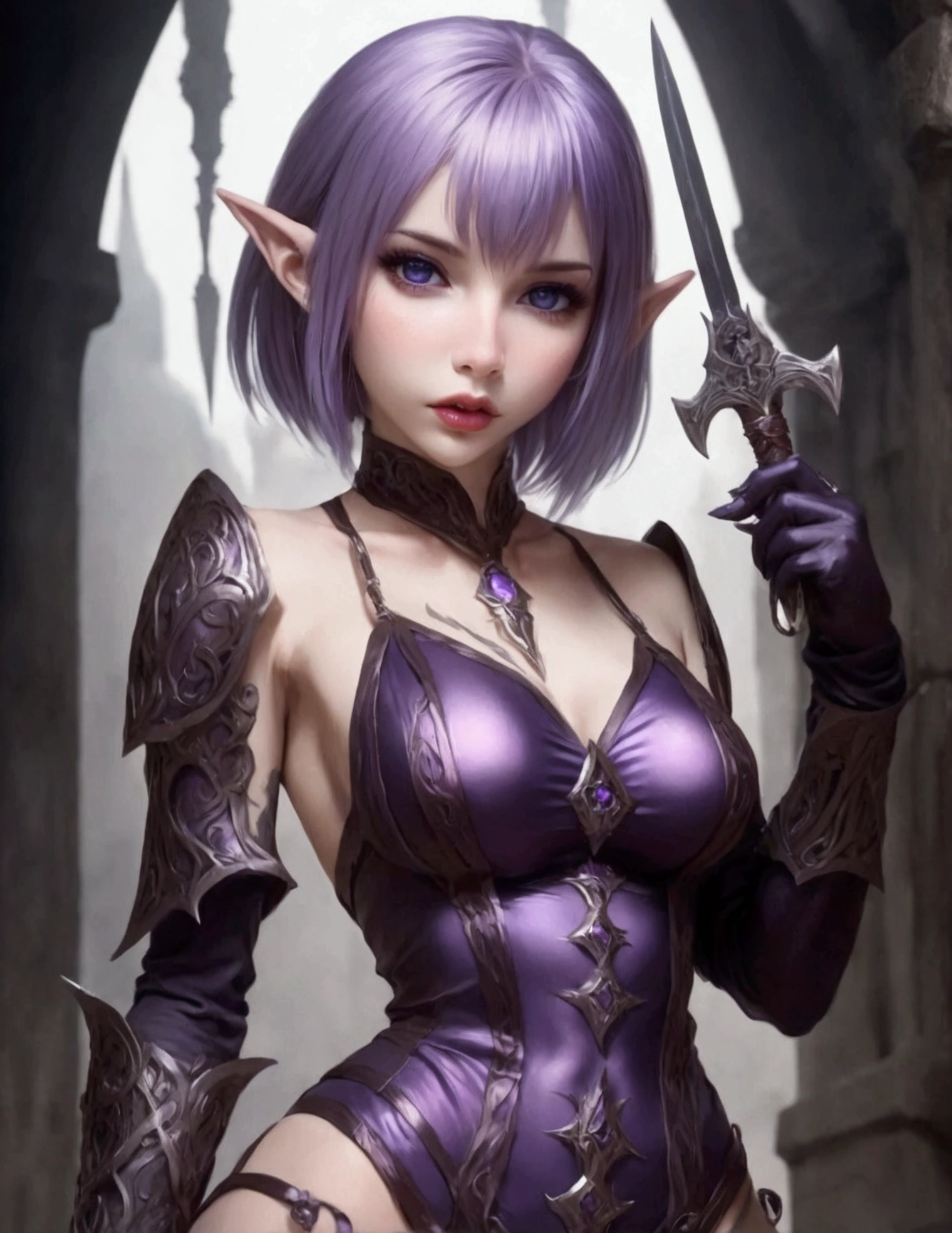 A cute woman is an evil elf (ivory skin, violet hair, violet eyes, extremely small sexy outfit, daggers in hand) she is in a menacing sexy stance, dungeon