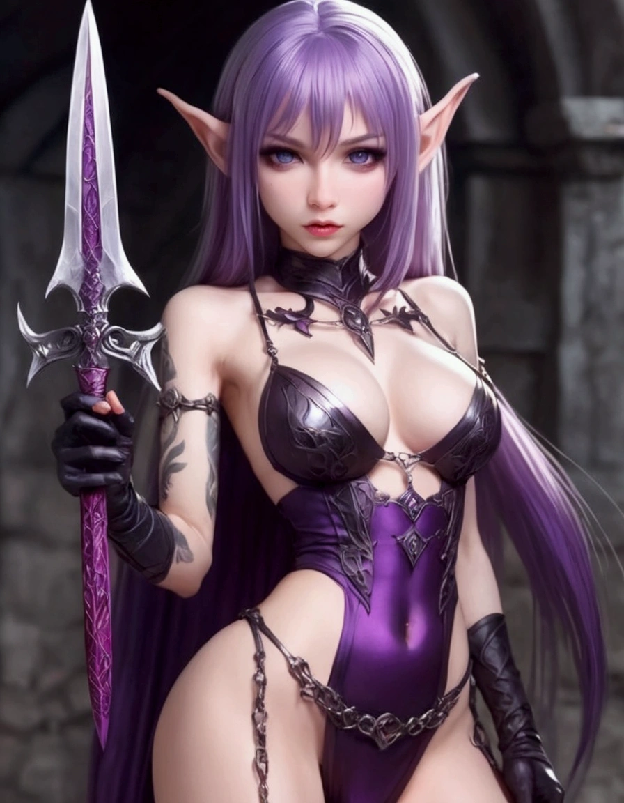 A cute woman is an evil elf (ivory skin, violet hair, violet eyes, extremely small sexy outfit, daggers in hand) she is in a menacing sexy stance, dungeon
