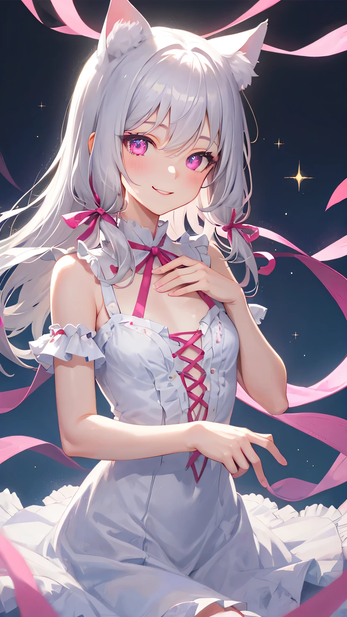 Highly detailed face,fine grain,Sparkling eyes,Highlighted eyes,Medium chest,pretty girl, smile,Longing eyes,Cat ear, Beautiful silver hair,Pink inside,Beautiful pink eyes, magic, frills,dress,ribbon