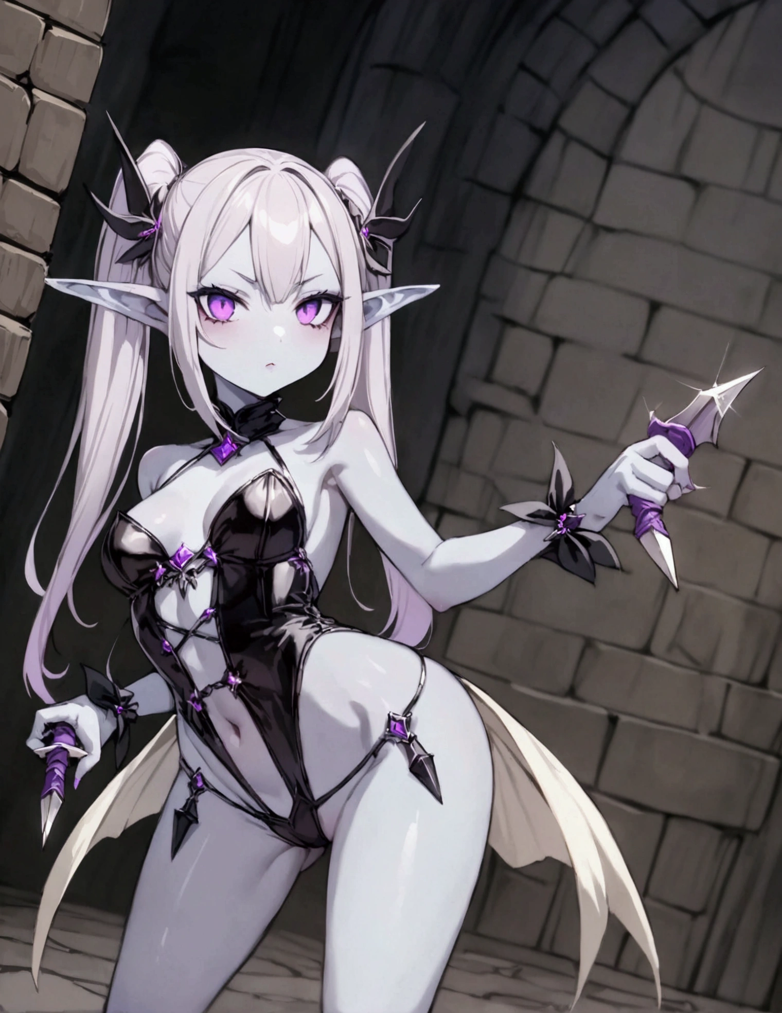 A cute woman is an evil elf (ivory skin, violet hair, violet eyes, extremely small sexy outfit, daggers in hand) she is in a menacing sexy stance, dungeon
