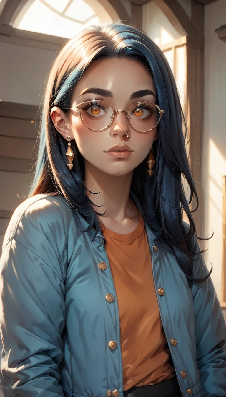 fanart style, makes a woman with bright red and blue hair and bright orange eyes wolf ear with earring and nose ring in the eyebrow and lip a bright blue jacket and glasses with the bottom shining