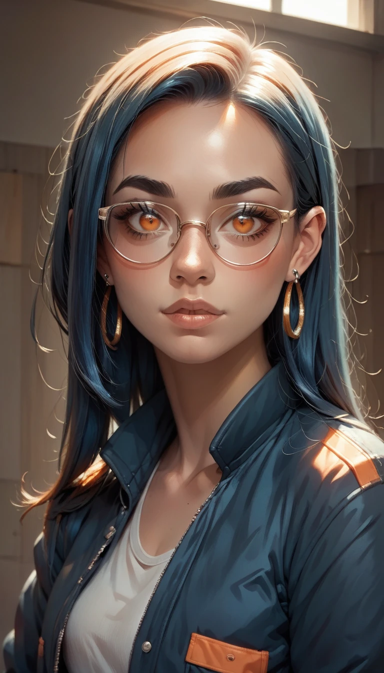 fanart style, makes a woman with bright red and blue hair and bright orange eyes wolf ear with earring and nose ring in the eyebrow and lip a bright blue jacket and glasses with the bottom shining