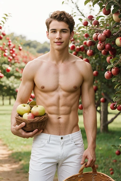 Young handsome cute white skinny beautiful face shirtless short hair curls in an apple garden holding a basket and eating an apple