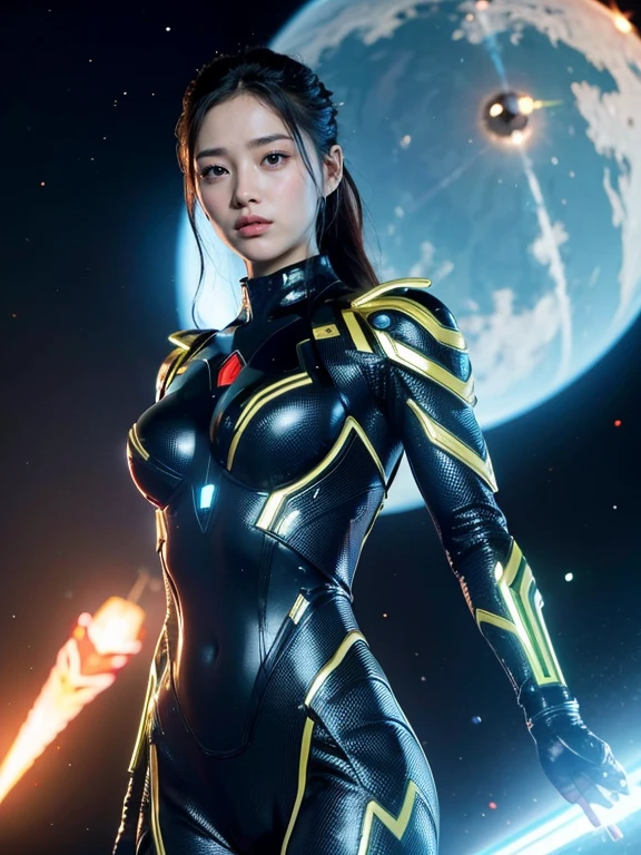 (RAW Photos, Highest quality), (Realistic, Realistic:1.3), 1 girl、Realisticbody、Hieroglyphic Battle Costume、Meteor warrior flying from space、Fighting the reptilian aliens、Laser Reflective Shield、smile、Energy Dispersion、Star Crisis