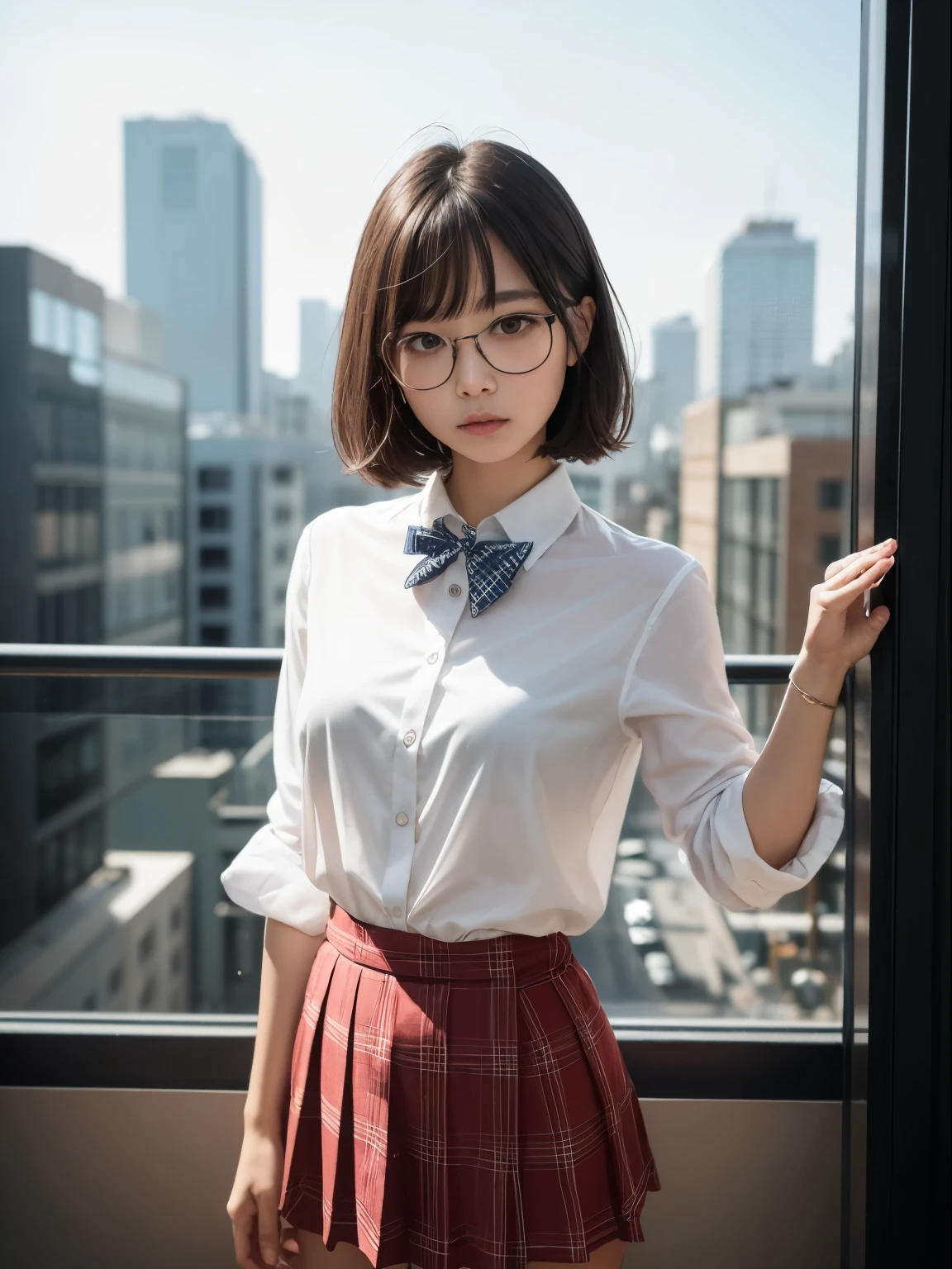 (8k、raw photography、premium、masterpiece:1.2),absurderes,a small face,,flat chest,Parting the bangs in the middle、visible front,(eyes squeezed,Bullish,skinny,Rough,angry)、masterpiece,premium、超High resolution,raw photo,ren,Beautiful stool,one person, Alone,glasses,,dark look,small breasts,body completo,round glasses、cute little、a japanese lady,Is standing,(eyes squeezed,Bullish,skinny,Rough,angry,,flat chest)、(photorealistic:1.37)、Photon mapping,light blue ribbon,realist、Linda Carita,Brown Eyed、black socks、(red bow tie)、city radio、Physically based representation、foreground、Depth of fields、blurred background、a picture,The girls、body, long legs, thin leg,bob cuts,(The bangs are visible), hair, Lips, blue_The eye, soft nose,White shirt, Navy and white checkered pleated skirt, The knees are visible,Transparent clothing,, airtight, Black cotton socks,Russian