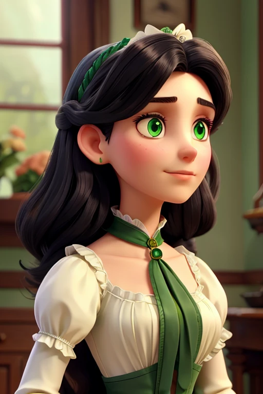  victorian era woman, White skin, long black hair, emerald green eyes, marked cheekbones and jaw, High status