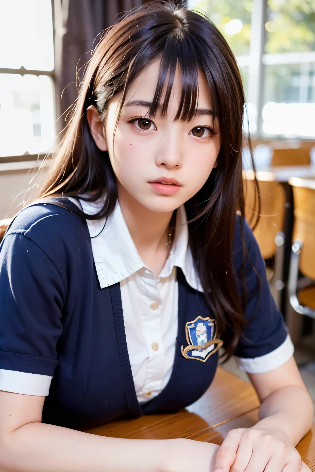Highest quality, masterpiece, 1 girl, 14~18-year-old, Beautiful Face, Realistic, High resolution,School, Student Uniform,y,Lying down