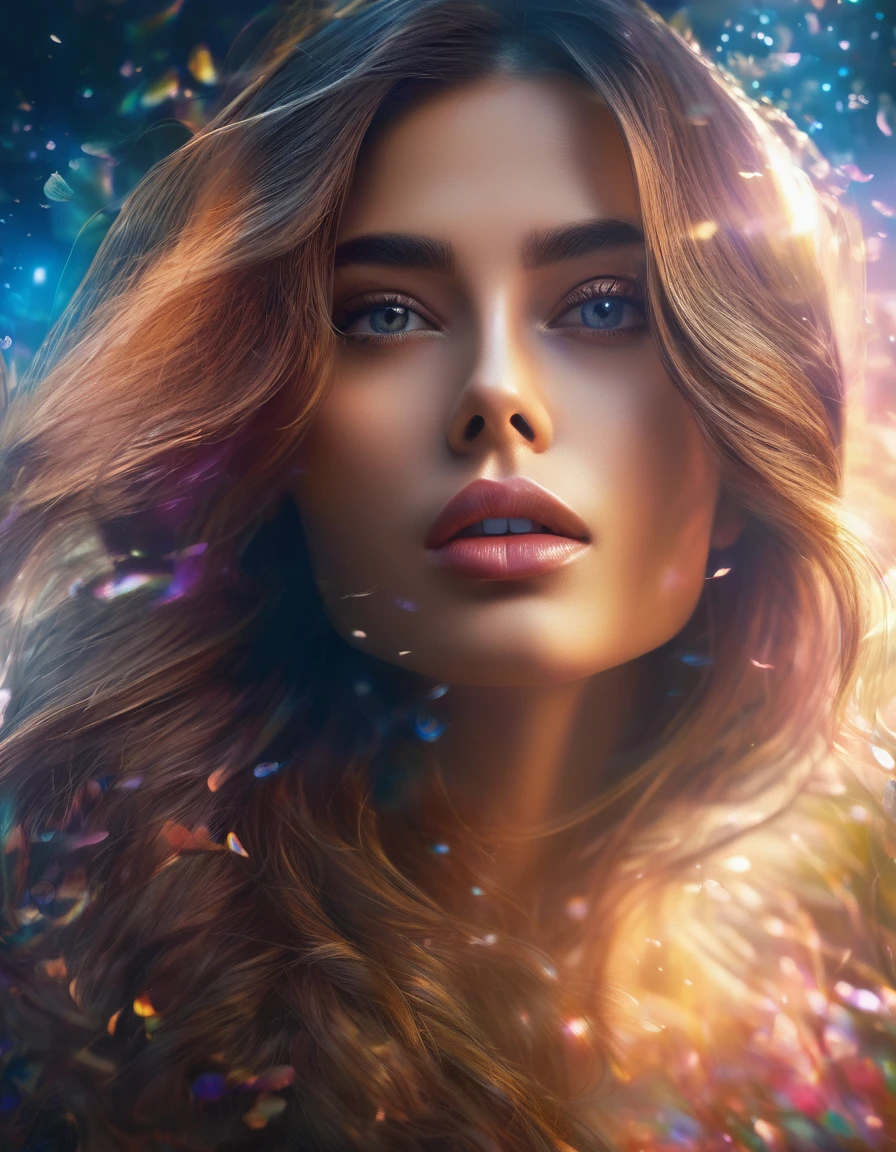 a dreamy double exposure portrait, beautiful detailed eyes, beautiful detailed lips, extremely detailed eyes and face, long eyelashes, elegant woman, flowing hair, surreal, ethereal, atmospheric, glowing skin, dramatic lighting, vibrant colors, (best quality,4k,8k,highres,masterpiece:1.2),ultra-detailed,(realistic,photorealistic,photo-realistic:1.37), concept art