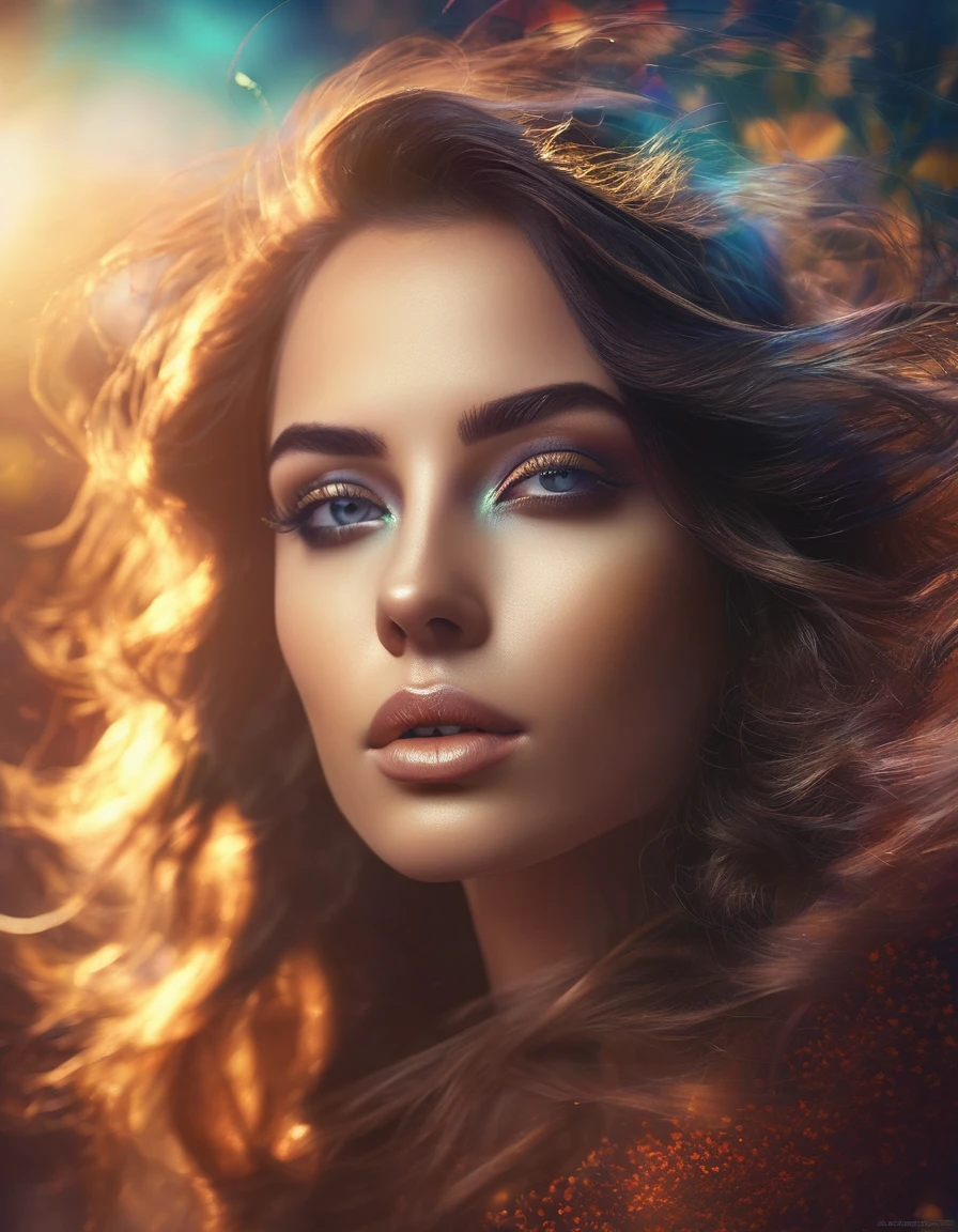 a dreamy double exposure portrait, beautiful detailed eyes, beautiful detailed lips, extremely detailed eyes and face, long eyelashes, elegant woman, flowing hair, surreal, ethereal, atmospheric, glowing skin, dramatic lighting, vibrant colors, (best quality,4k,8k,highres,masterpiece:1.2),ultra-detailed,(realistic,photorealistic,photo-realistic:1.37), concept art
