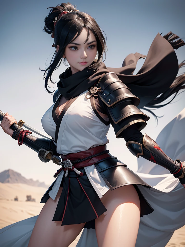 master piece,　best quality,　ultra detailed,　photorealistic,　voluptuous,　1 young girl,　fair skin,　pale skin,　long hair,　black hair,　smile,　mega breasts,　gorgeous bluck kimono,　cowboy shot,　looking up,　white background,　(Japanese SAMURAI Armor：1.4),　(Black armor:1.2)、No exposed skin、(Wearing a long white scarf:1.2)、(gripping katana sword:1.2), Samurai, fighting stance 、Thick eyebrows、Slit eyes, (long bloodstained sword:1.2),  disheveled long black hair、A proud, black-haired beauty standing on the battlefield beloved by the God of War.、　A beautiful woman dominates the battlefield with a single sword