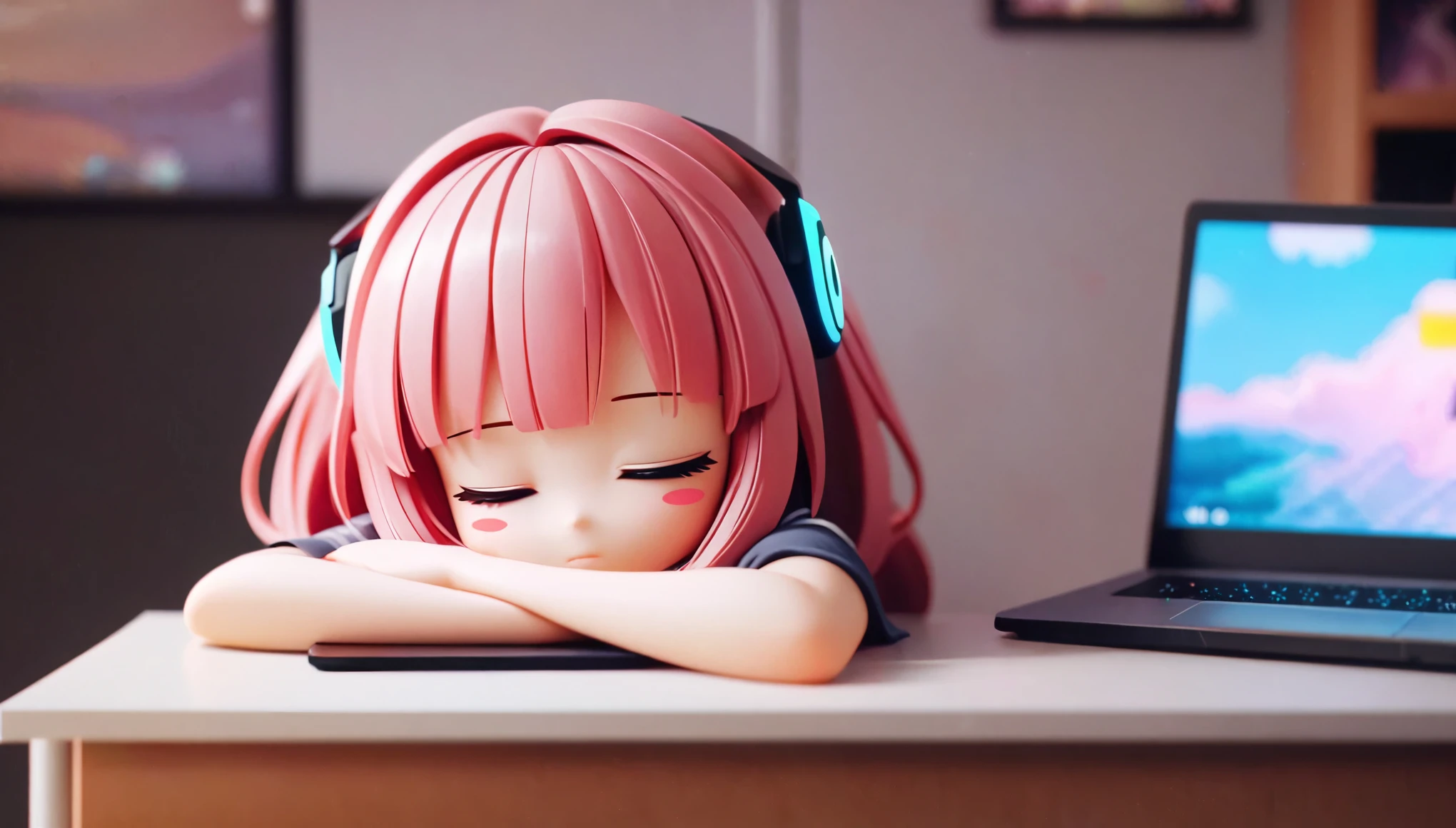 Anime girl sleeping on a desk with a laptop, Nightcore, Lo-fi art style, LOFI Girl, Anime Style 4k, Anime Aesthetics, Anime atmosphere, anime art wallpaper 4k, anime art wallpaper 4k, Lo-fi feeling, relaxed mood, Gweiz-style artwork, Portrait of Rofi,8k