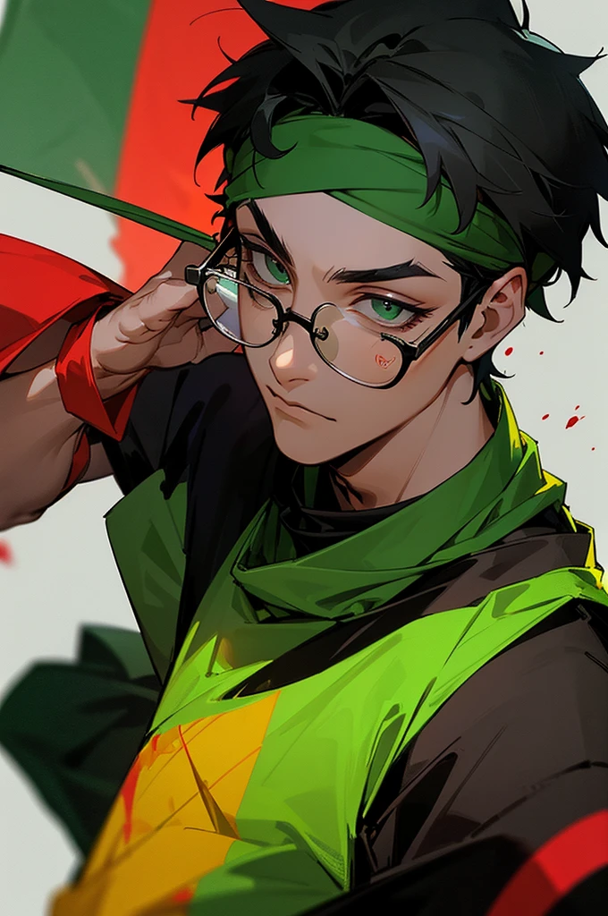 a boy wearing green t-shirt covered in blood, wearing black musk , wearing round think frame glasses, wearing a bangladeshi bandanna , a a bd flag background ( wearing black musk in face) bandanna of bangladesh and a bangladesh flag in background